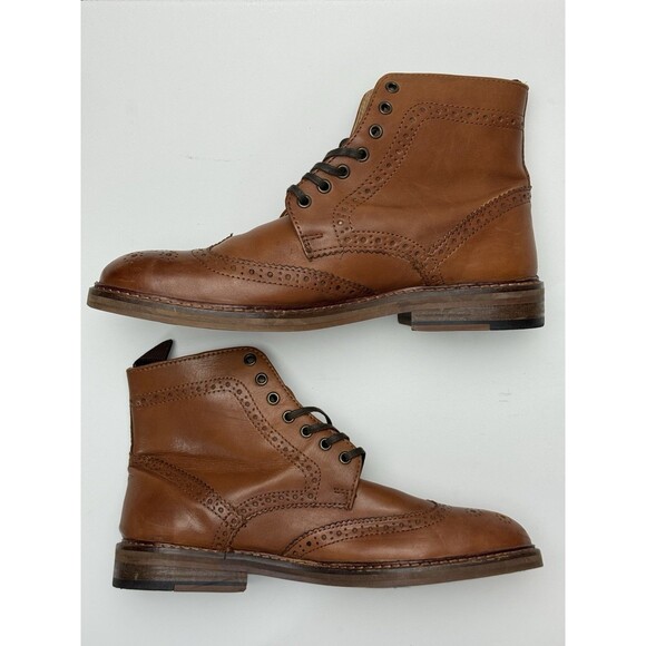 Size 9 - ASOS Men’s Brown Leather Brogue Wingtip Boots - Picture 2 of 8